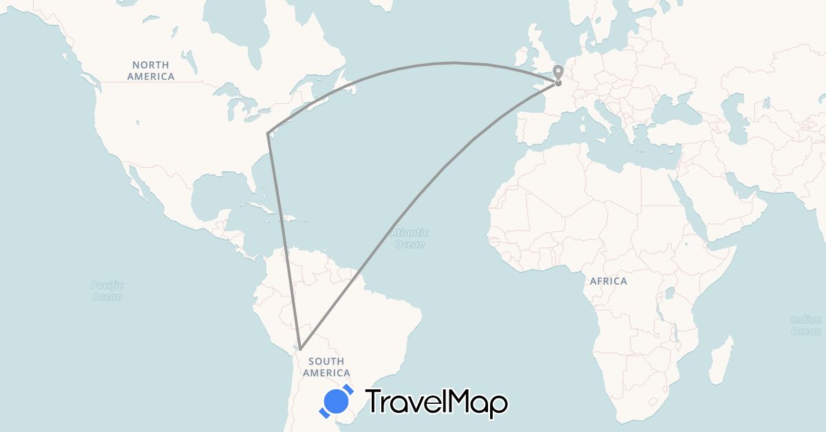 TravelMap itinerary: plane in Bolivia, France, United States (Europe, North America, South America)
